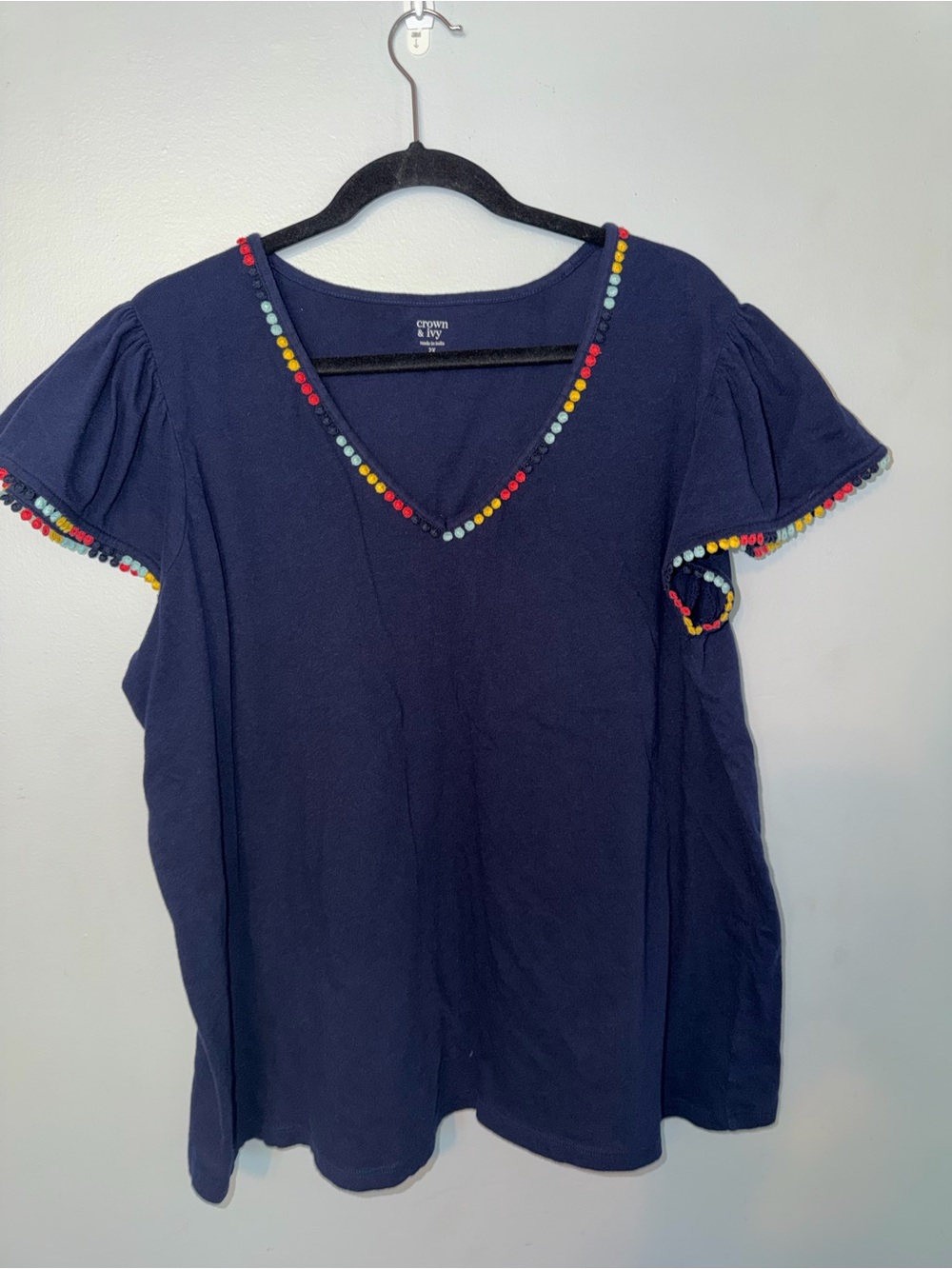 crown & ivy Navy V-Neck Top with Multicolor Pom Trim